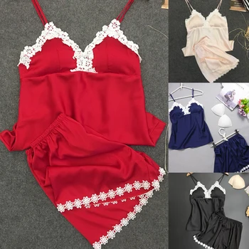 

Women Hot Silk Pajamas Pyjamas Lingerie V Neck Padded Push-Up Top Nightgown Sleepwear Nightdress 2 Pcs Set