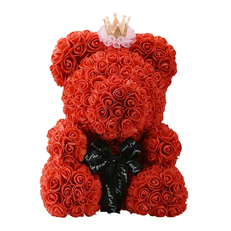 

40Cm Teddy Bear With Crown In Gift Box Bear Of Roses Artificial Flower New Year Gifts For Women Valentines Gift Red