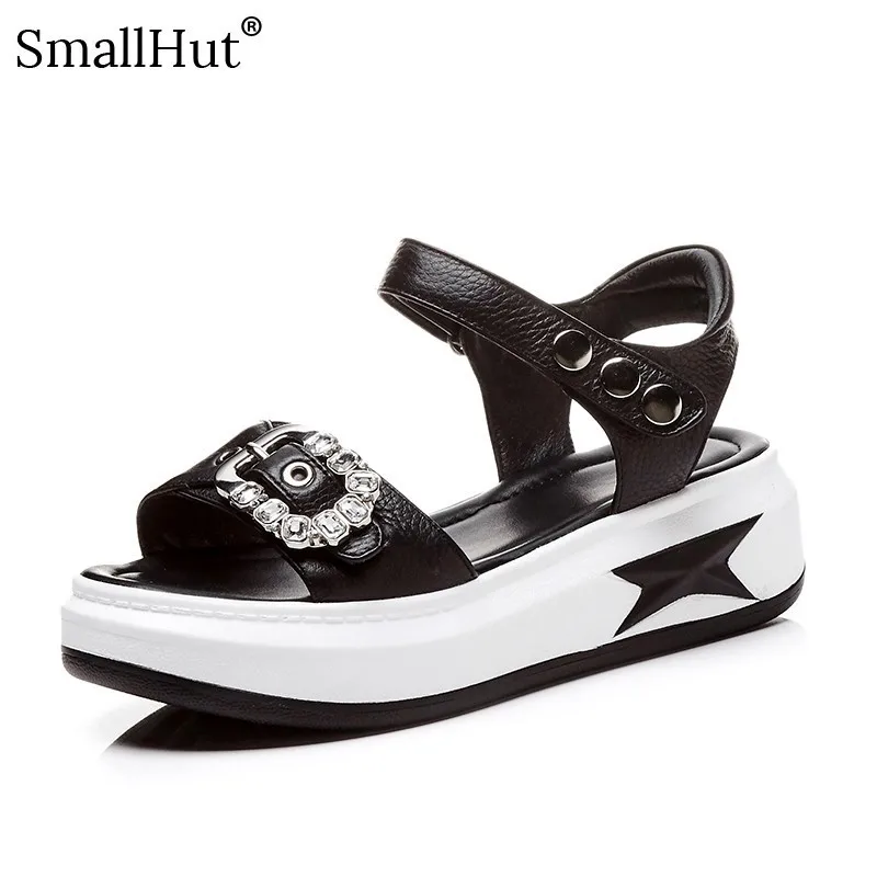

Women Rhinestone Platform Sandals Summer Genuine Cow Leather New 2019 Crystal Womans Casual Shoes Black White Ladies Sandal E031