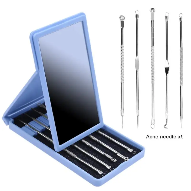 

5pcs Professional Blackhead extractor Stainless Acne Remover Tool Acne Needle Tweezers For Face Pore Cleaner With Mirror