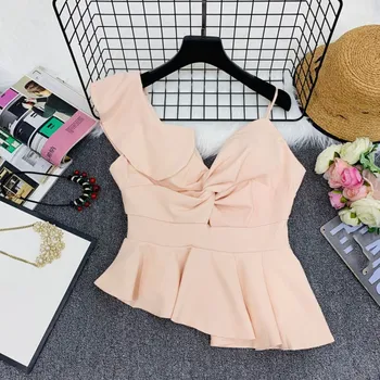 

Black Asymmetrical Neck Ruffle Shirts Top Women Summer High Street Solid Party Club Shirts Ruffles Sexy Office Ruffle Blouse