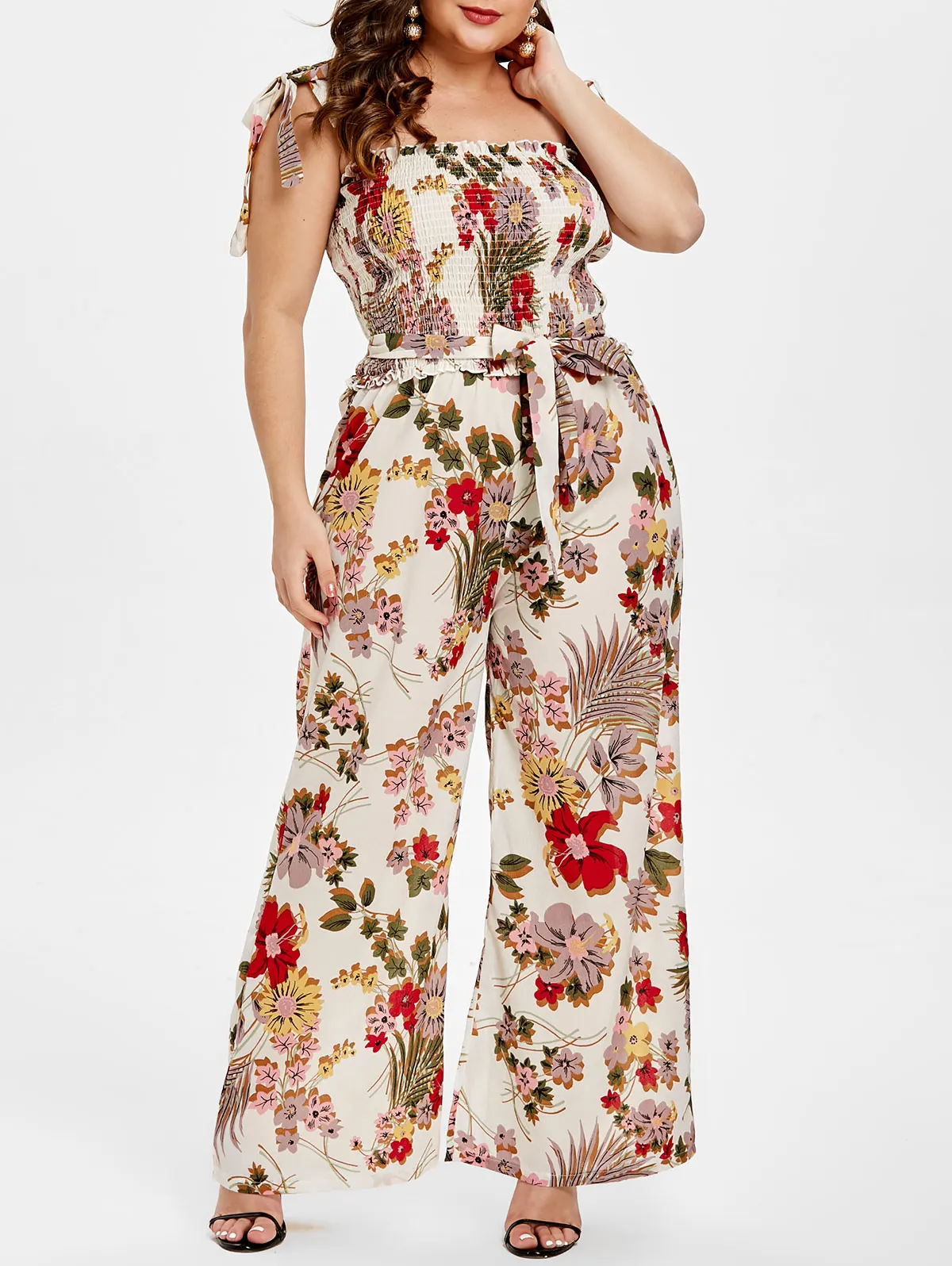 Wipalo Women Plus Size Shirred Floral Print Jumpsuit Sleeveless Bowknot Belted Tunic Rompers
