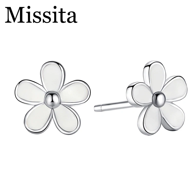 

Cuteeco Hot Sale Pan Earrings Silver Darling Daisy Stud Earrings White Enamel With Clear CZ Zircon For Women Wedding Jewelry