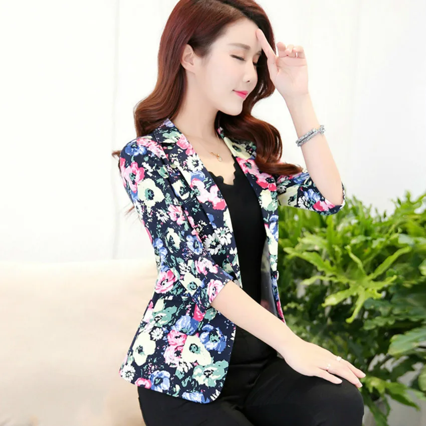 

2019 Spring Autumn Fashion Floral Print Blazer Women OL Notched Workwear Blazer Coat Single Button Three Quarter Ladies Outwears