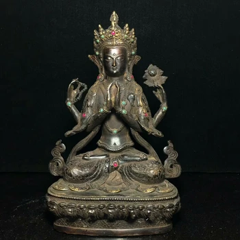 

China Old Antique Tibet Copper Handmade Four Arms Guanyin Buddha Statue