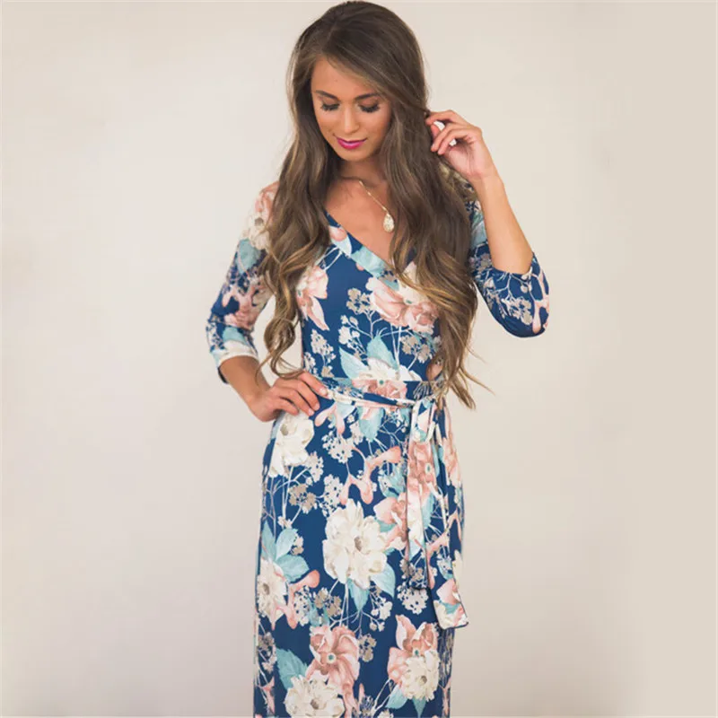 

2019 Summer Dress Women Vintage V-neck Floral Print Boho Beach Dresses Casual Seven-quarter Sleeve Long Maxi Robe Femme Dress