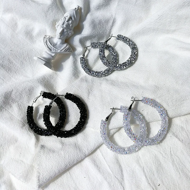 

2019 Brand New Design Fashion Charm Austrian Crystal Hoop Earrings Geometric Round Shiny Rhinestone Big Earring Jewelry Women