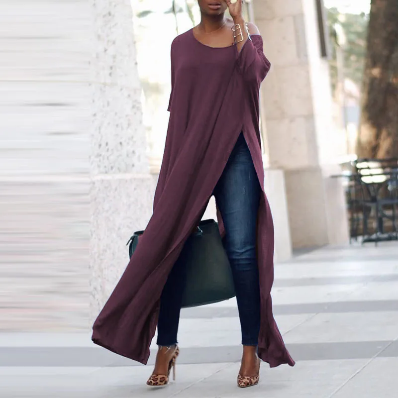 

ZANZEA Three Quarter Sleeve Oblique O Neck One Shoulder Off Pullover Long Blouse Top Female Spring Solid Sexy Split High Blusas