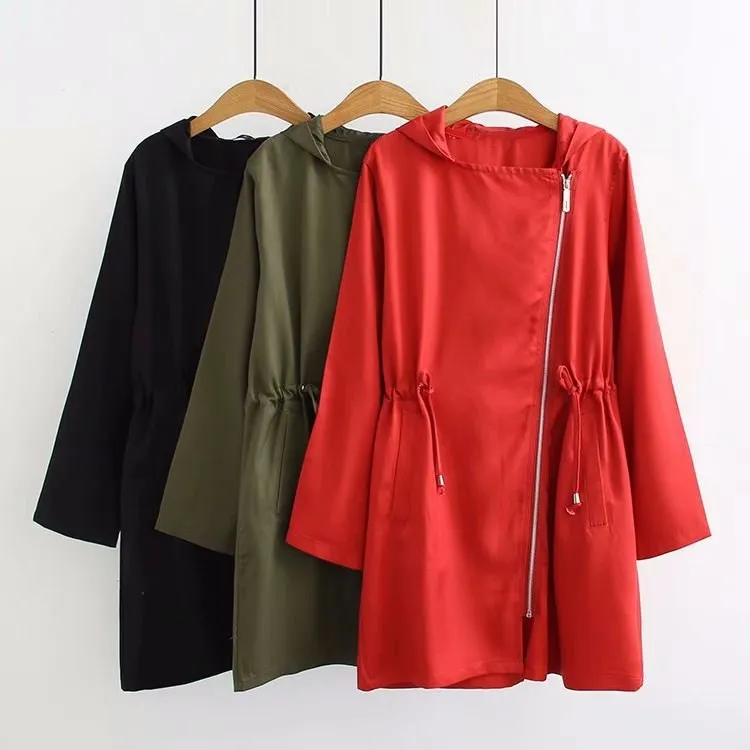 Manches vert Automne Glissière Solide Manteaux Longs Femme Lacets Capuche Femmes Hiver Fermetures rouge Outwear Tranchée Longues À Noir Nouvelle Mode q7zUnRqFt