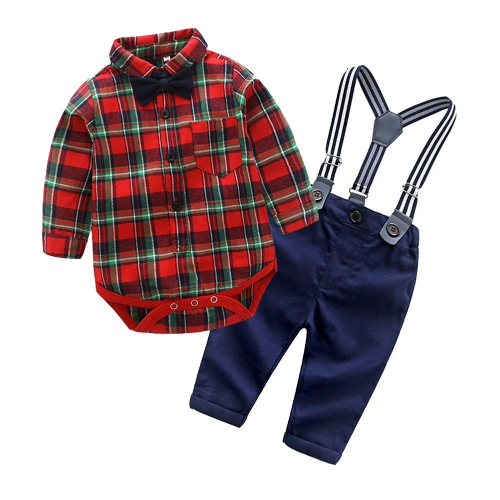 

2Pcs Toddler Boys Gentleman Outfit Plaid Long Sleeve Romper+Suspenders Pants Overalls