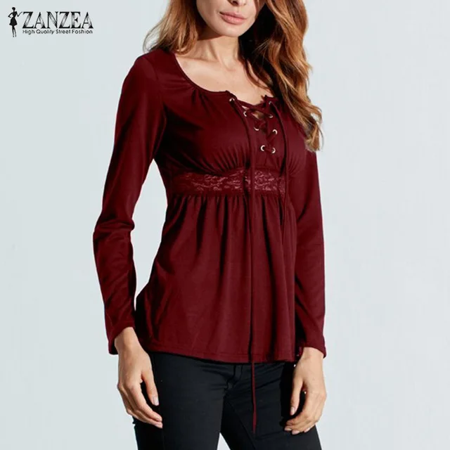 

2019 Autumn Sexy Blouse Tops V Neck Long Sleeve Lace Splice Solid Blusas Shirt Casual Plus Size Blouses Oversized ZANZEA Women