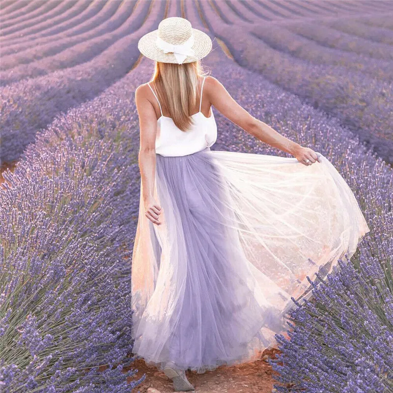 

Summer Bohemia Double Length Skirt Chiffon Elegant Pleated Skirt Beach Resort Style Girls Pale Purple Floor Length Skirt