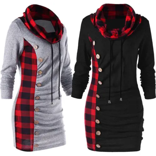 

Women Winter Long Sleeve Turtle Neck Jumper Hoodies Sweatshirt Plaid Autumn Casual Top Outwear
