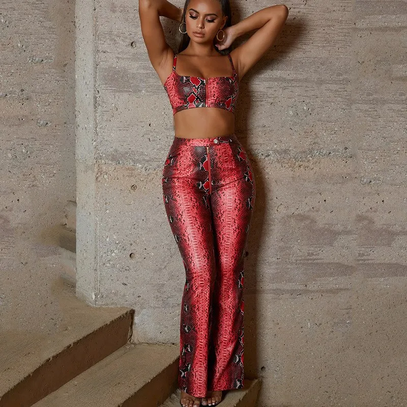 

Summer Snake Print Two Piece Set Crop Top and Wide Leg Pants Women 2 Piece Matching Sets Sexy Club Outfits
