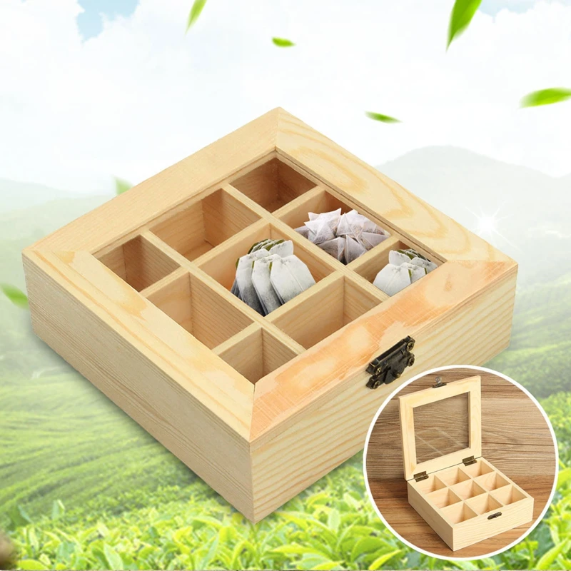 Wooden Tea Bag Jewelry Organizer Chest Storage Box 9 Compartments Tea Box Organizer Wood Sugar Packet Container