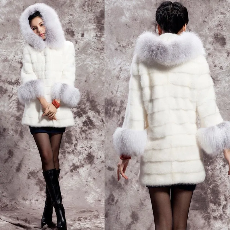 

New Women's Winter Long Mink Coat With Fur Trim Hood Fur Hooded Rabbit Fur Long Warm Jacket