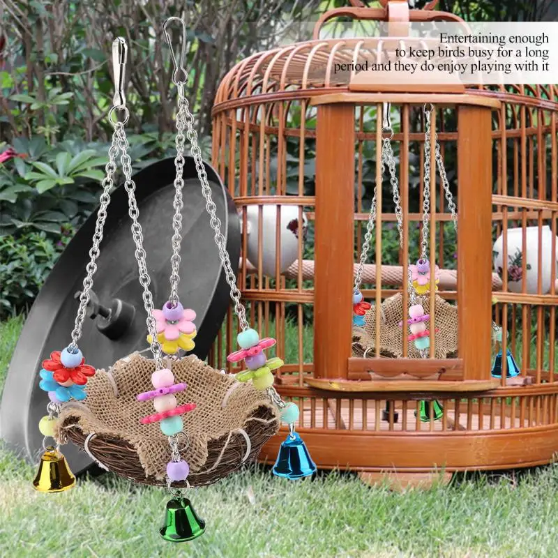 Natural Rattan Bird Nest Swing Toy with Bells Bird Cage Hanging Toys