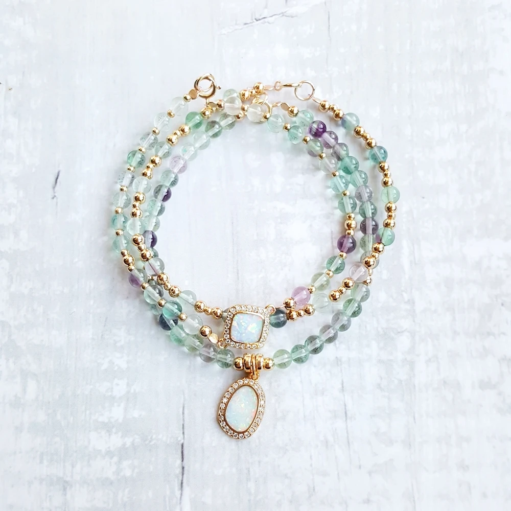 

LiiJi Multi Fluorite Lab-created Opal Charm Bracelets Natural Stone S925 Silver Clasp Gold Color Bracelet Delicate Jewelry