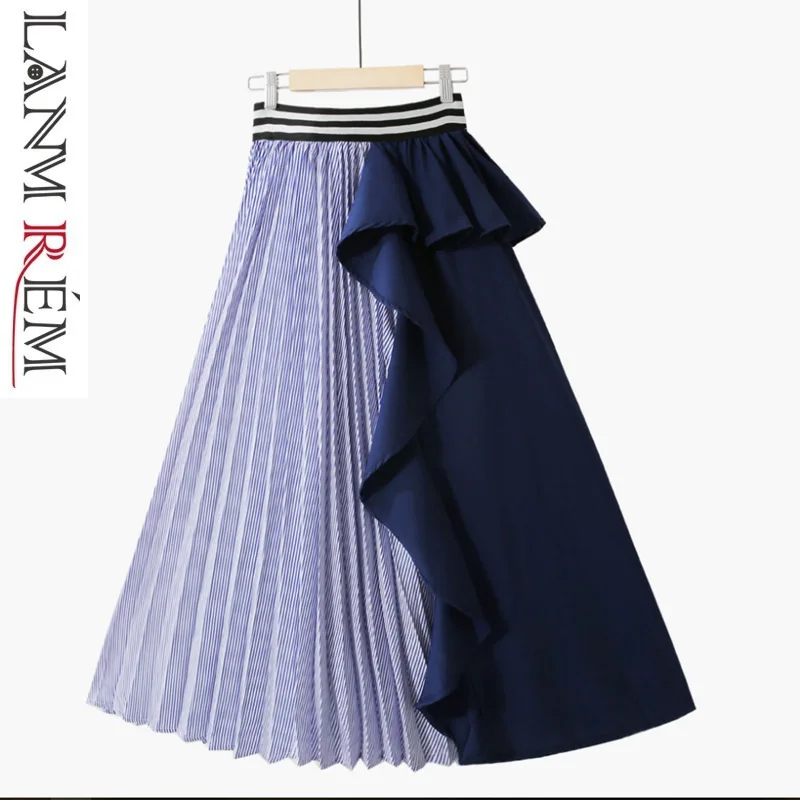 

LANMREM 2020 New Summer Fashion Women Clothes Thin Striped Elastic Ruffles Contrast Colors A-line Halfbody Skirt WG19005