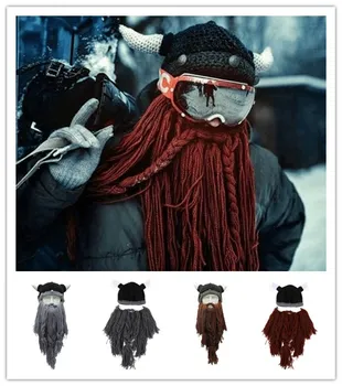 

Christmas Funny Men's Viking Knitted Wig Long Beard Horn Hat Vagabond Barbarian Crazy Ski Cap Beanie Halloween UK