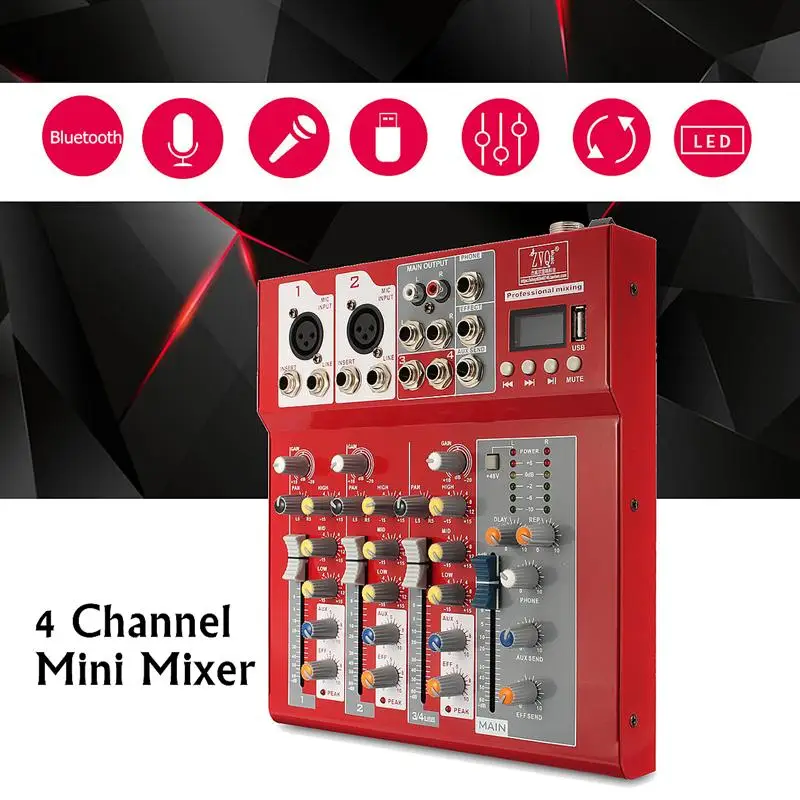 

LEORY bluetooth 4 Channel Karaoke Mixer Amplifier Microphone Audio Sound Mixing Console With USB 48V Phantom Power Professional