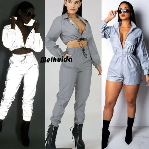 

HIRIGIN Women Fashion Reflective Outfits Crop Tops Pants Sets Two Piece Jumpsuit Playsuit
