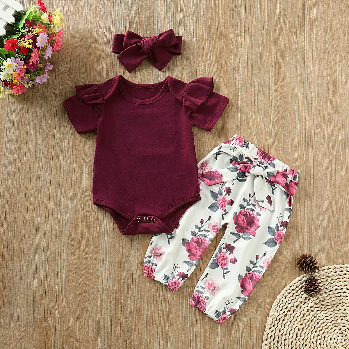 

Emmababy 2019 New Brand Newborn Infant Girl Short Sleeve Tops Romper Floral Pants Headband Outfits Clothes 3PCS Set Summer 0-24M