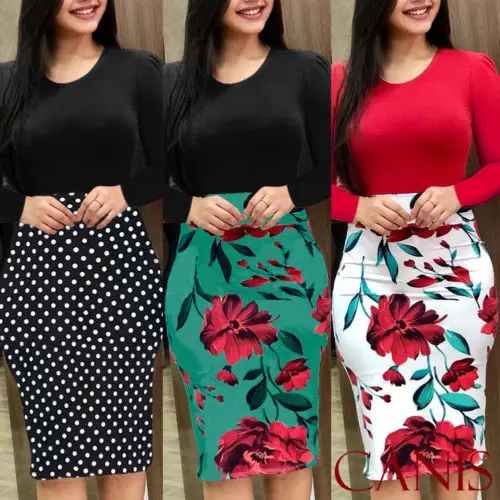 

New Fashion Women Long Sleeve Dresses Bodycon Floral Patchwork Party Vintage Dress