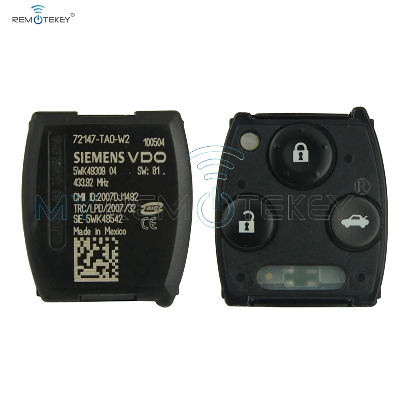 Remtekey для Honda Accord VDO 72147 TAO W2 433 МГц HON66 3 кнопочный дистанционный головной ключ 2008 2009