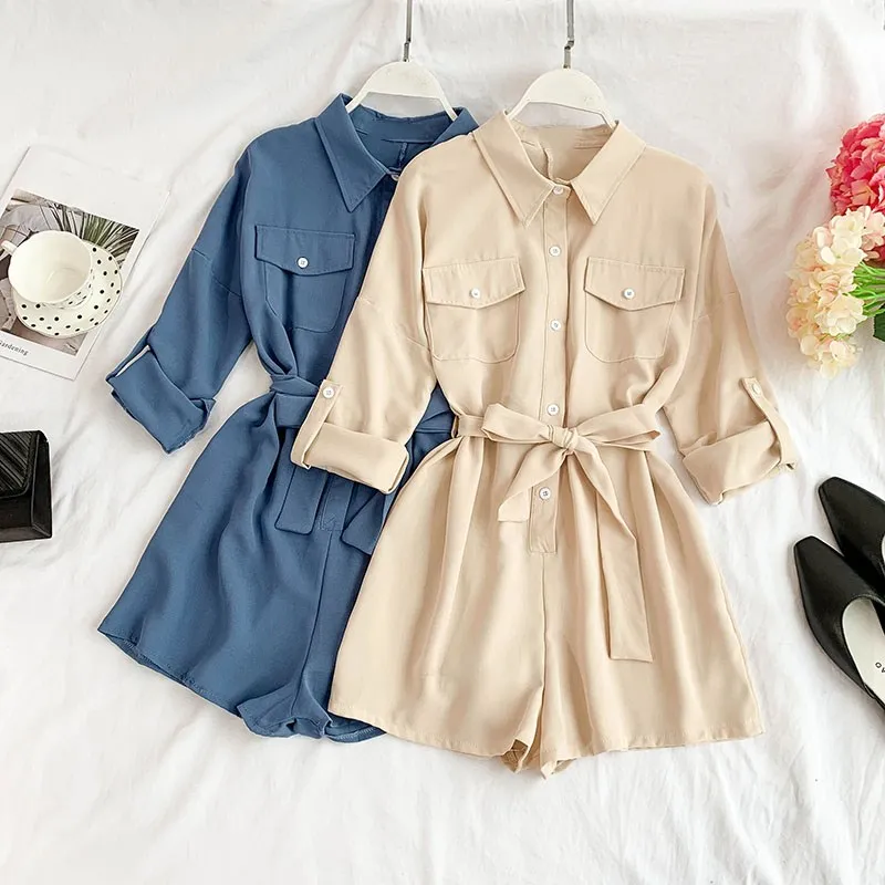 

Casual Women Summer Romper Pockets Lace Up Short Female Jumpsuit Vintage Loose Solid Overall Cargo Jumpsuit