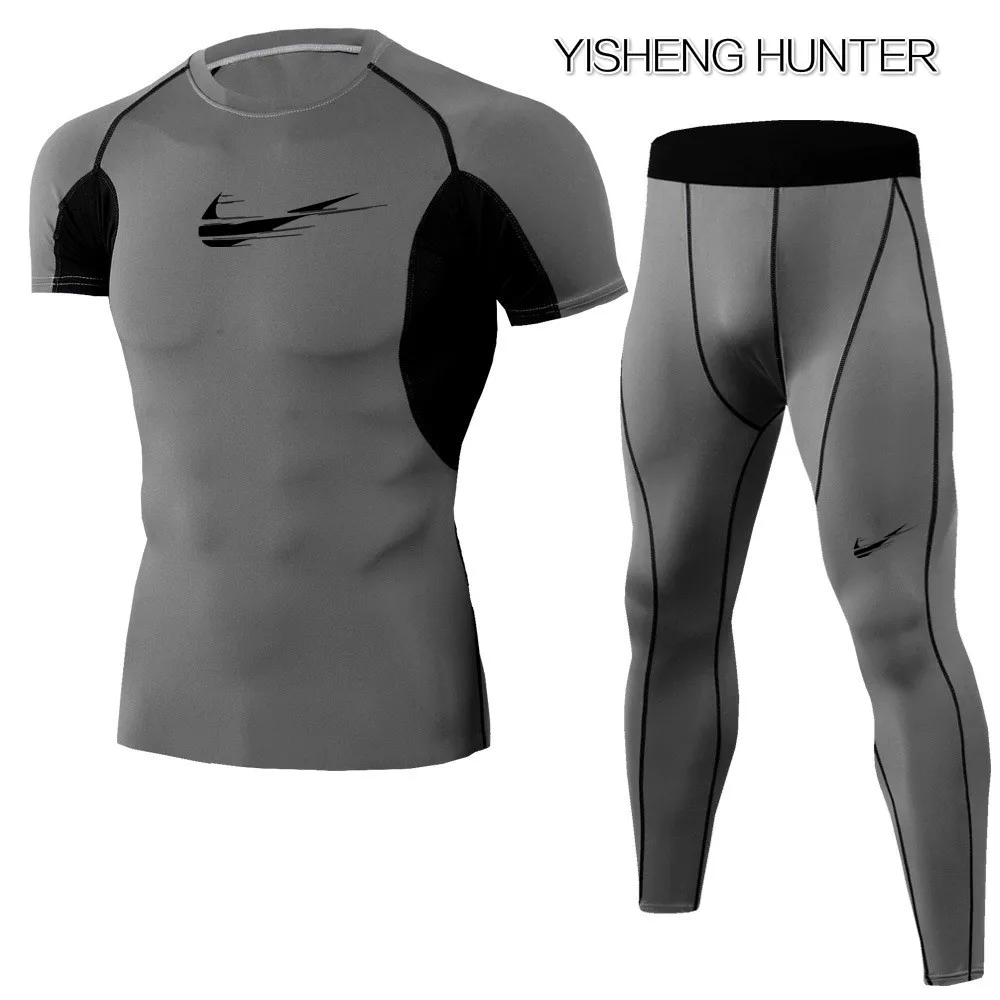 

2019 New Fitness Men Sets Pure black Compression Shirts + Leggings Base Layer Crossfit Brand Short sleeve T Shirt Clothing Set