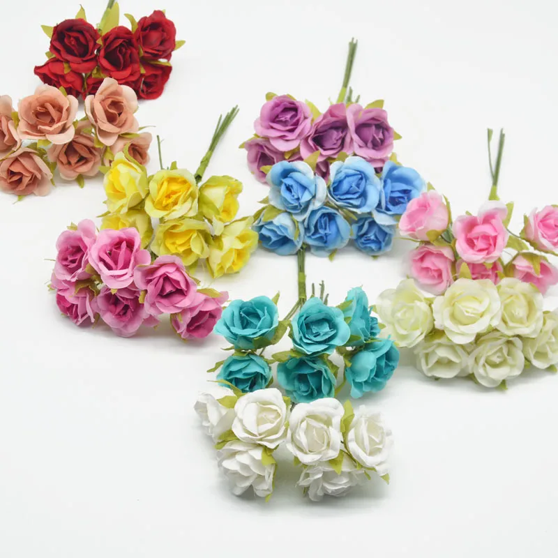 

6pcs mini Artificial Flower high quality Silk rose Bouquet Wedding Home Decoration DIY Scrapbooking Wreath Craft Fake Flowers