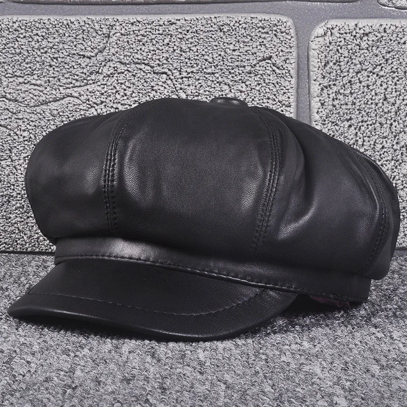 

Hat Male Ma'am Genuine Leather Painter Hat Sheep Skin Outdoors Leisure Time Peaked Cap