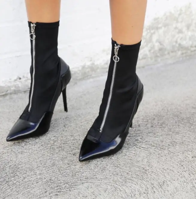 

Dipsloot Hot 2019 Ladies Sexy Front Zipper Stiletto High Heels Ankle Boots Women Patchwork Pointed Toe Dress Party Shoes Woman