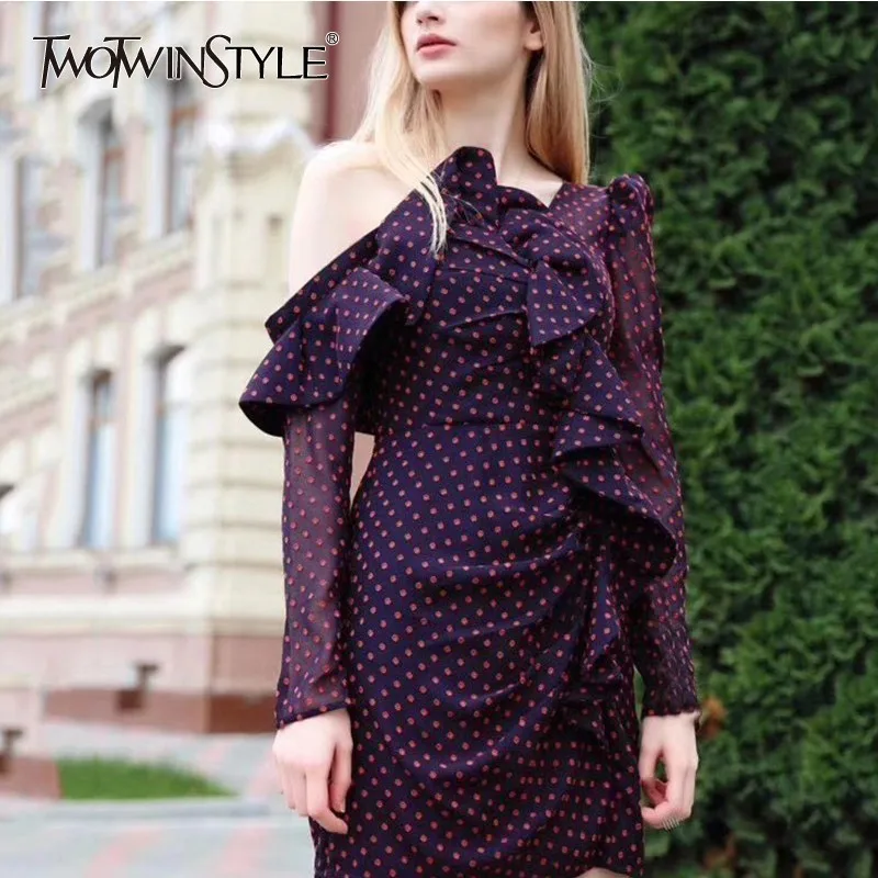 

TWOTWINSTYLE Spring Ruffles Dresses For Women Off Shoulder V Neck Puff Sleeve Polka Dot Mini Dress Female Elegant Clothes New
