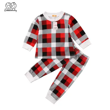 安い 新生児幼児ベビーキッズ長袖赤格子シャツパンツ服セット赤ちゃん 2 個コットンチェック柄衣装服