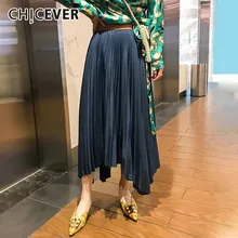 CHICEVER Весенняя Повседневная шифоновая Синяя Женская Асимметричная юбка с поясом, высокая талия, до середины икры, женские плиссированные юбки, модная новинка