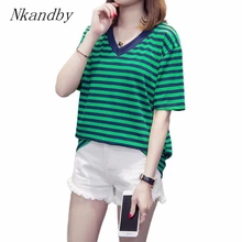 Nkandby/Большие размеры, футболки с v-образным вырезом г., летние женские полосатые свободные топы больших размеров с короткими рукавами и панелями, Femme 4XL, Базовая футболка