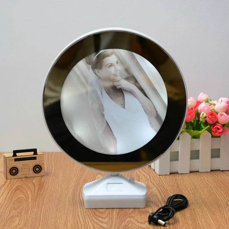 

Creative Customized Circular LED Lights Magic Mirror Photo Frame Pendulum Stand Personalized Wedding Photo Frame Activities Gift