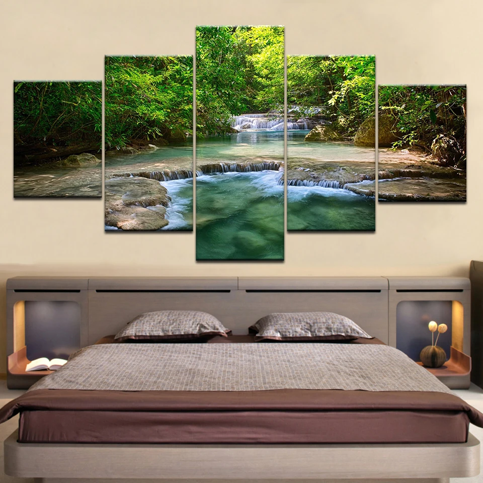 

Canvas Pictures Living Room Wall Art 5 Pieces Green Forest Waterfall Poster HD Prints Scenery Paintings Home Decor Modular Frame