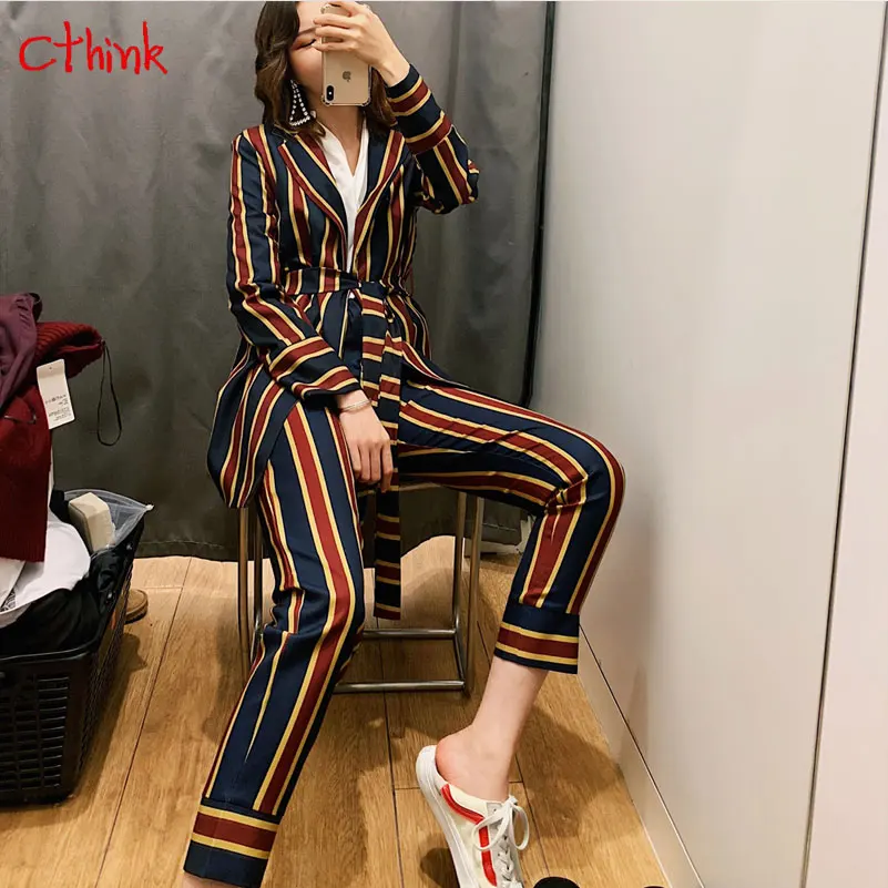 

Spring Fashion Striped Suit And Pant 2 Piece Set Women Stylish Office Lady Belt Slim Set For Women Womens Two Piece Sets 2018