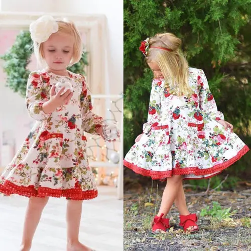 Платье принцессы с длинными рукавами для маленьких девочек кружевные вечерние платья с Цветочным Рисунком рождественские платья От 1 до 6 лет