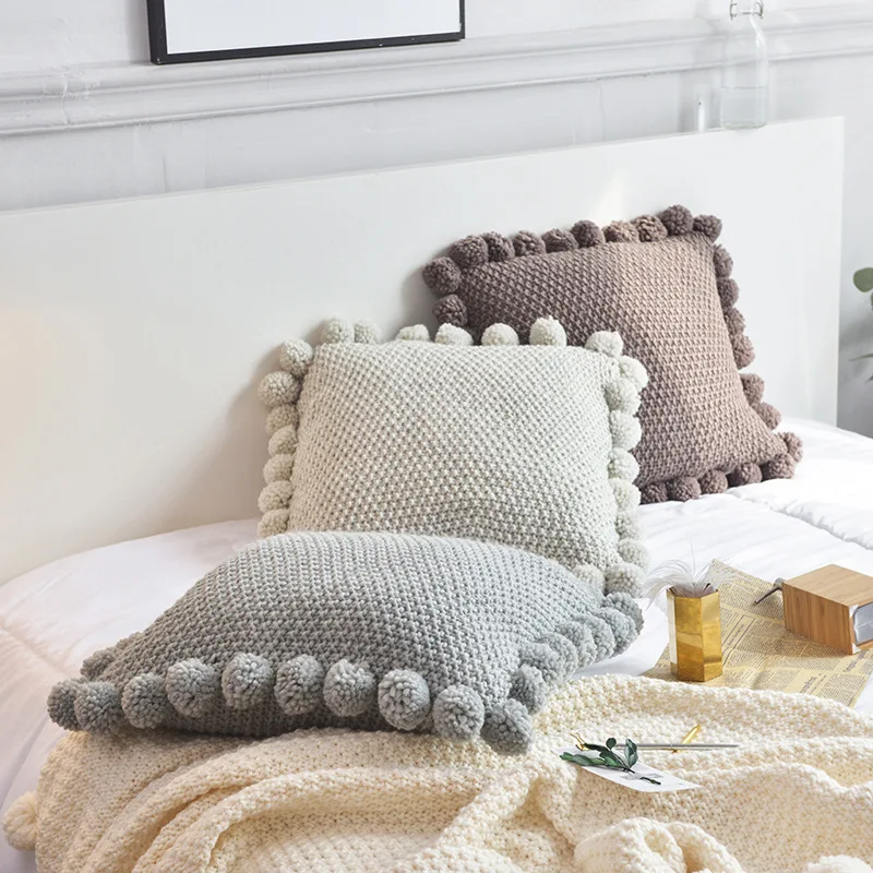 

New Cotton Pillowcase Blending Pompoms Cushion Cover Fashion Home Decoration Pillow Case Covers Sofa Bed Knitted Cushion Cases