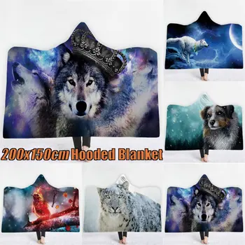 

Plush Hooded Animal Blanket 3D Digital Printing Hooded Cloak Tapestry Winter Warm Sleeping Blanket Microfiber Wearable Blanket