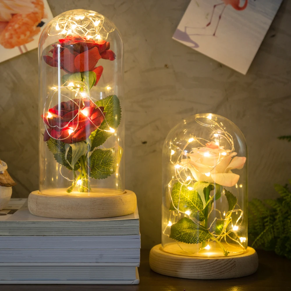 

Birthday Gift Beauty and the Beast Pink Red Rose Flower String Light in a Glass Dome on a Wooden Base for Valentine's Day Gifts