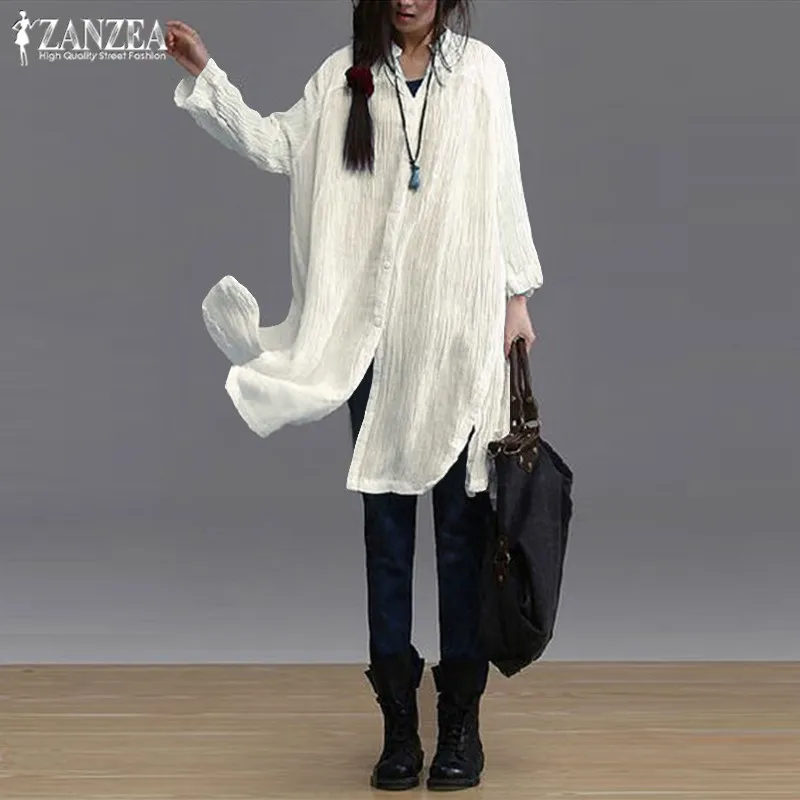 

Stylish Button Down Long Shirts Women's Blouse ZANZEA 2019 Plus Size V Neck Short Vestidos Female Split Casual Work Blusas Tops