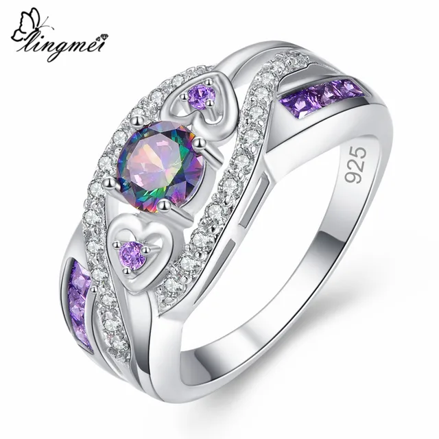 lingmei Dropshipping Fashion Women Wedding Jewelry Oval Heart Design Multi & Purple White CZ Silver Color Ring Size 6 7 8 9 1