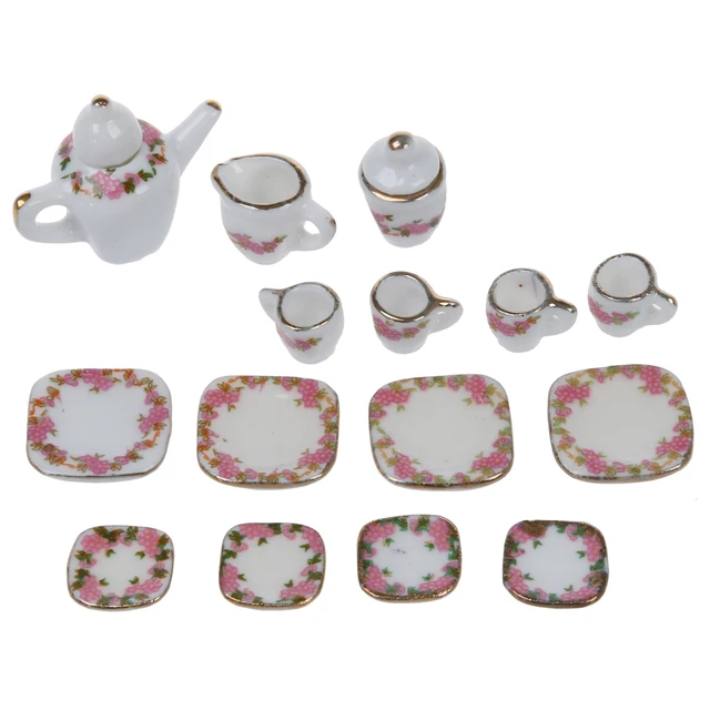 Best Quality Hot Fashion Set of 15pcs 1/12 Dollhouse Miniature Dining Ware Porcelain Tea Set Pot+Dish+Cup+Saucer Best Quality Hot Fashion Set of 15pcs 1/12 Dollhouse Miniature Dining Ware Porcelain Tea Set Pot+Dish+Cup+Saucer