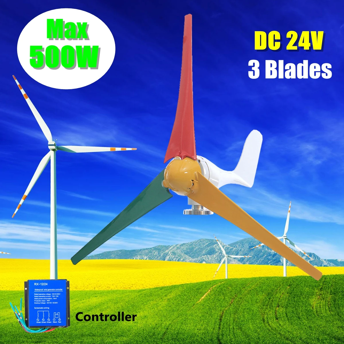 

Max 500W DC /AC 12/24V Wind T urbine Generator With 3 Mixed color Blades aluminum alloy Generator With Controller