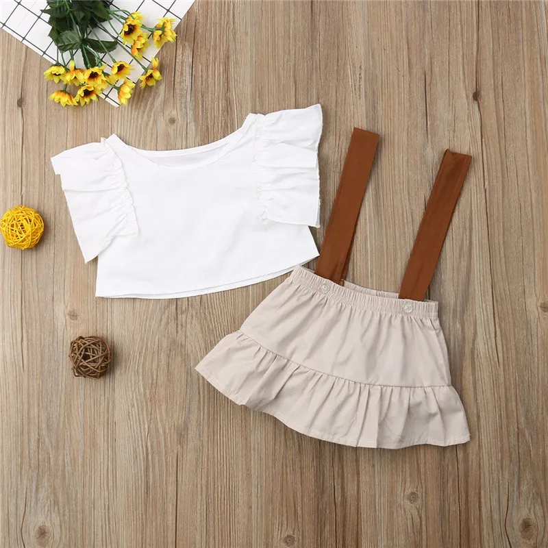 

Newborn Baby Girls clothes solid round neck sleeveless pullover Ruffle Tops strap Button Geometry shorts 2pc kids Toddler Outfit